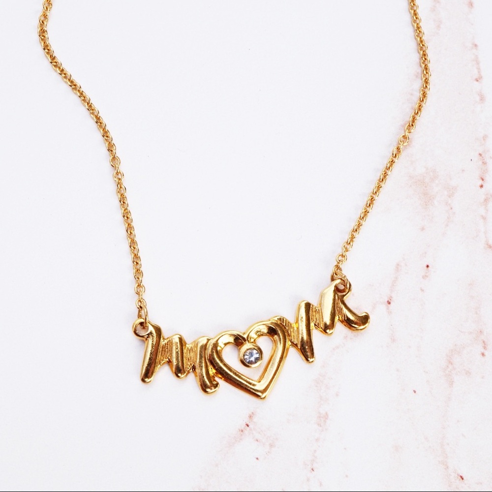 Gold Mom Script Nameplate Necklace With Crystal Accent